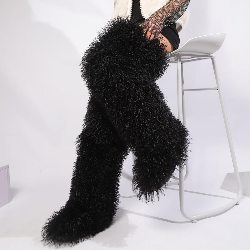 YFJNV Black Thigh High Fur Boots, Over the Knee Fluffy High Boots, Tall Furry shoes for Women (Black,10) - Image 3