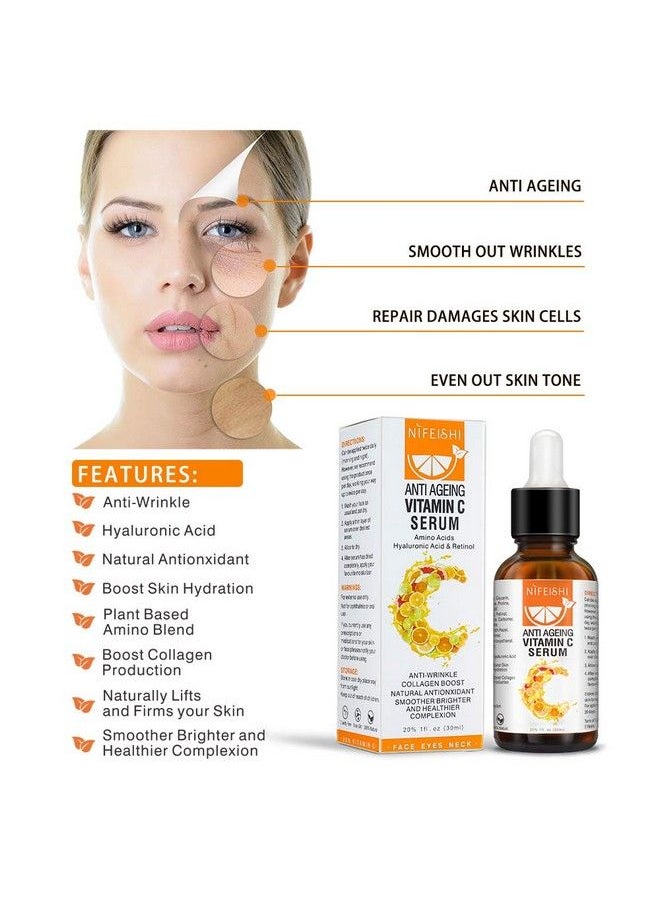 FGHJ 20% Vitamin C Serum For Face Anti Aging & Wrinkle Facial Serum With Hyaluronic Acid Retinol Boost Skin Collagen Hydrate Serum For Dark Spots Fine Lines 1 Fl Oz  - Image 3