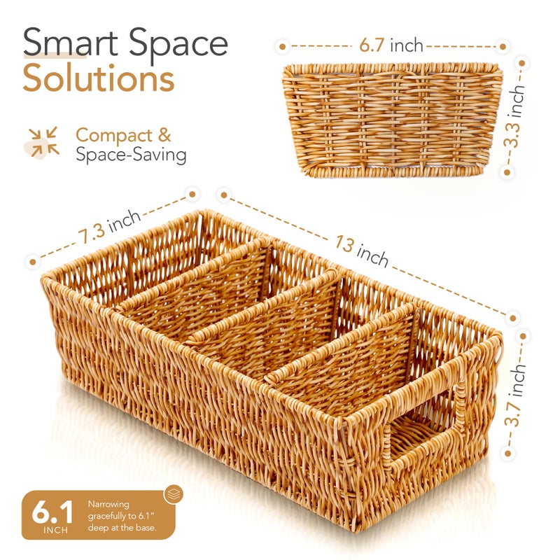 Cantalop Nature-Inspired Rattan Pantry Organizer Baskets Set of 2 with 3 Removable Dividers â€“ Handwoven Storage Bins for Kitchen or Bathroom Organization, Ideal for Snacks, Coffee & Tea (13â€ x 7.3â€ x 3.7â€) - Image 2