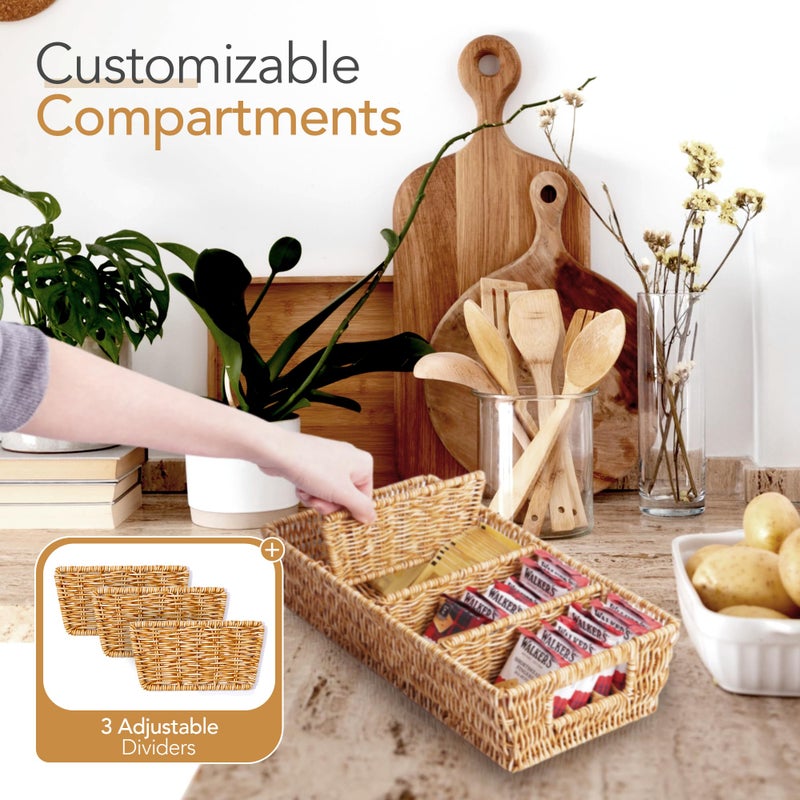 Cantalop Nature-Inspired Rattan Pantry Organizer Baskets Set of 2 with 3 Removable Dividers â€“ Handwoven Storage Bins for Kitchen or Bathroom Organization, Ideal for Snacks, Coffee & Tea (13â€ x 7.3â€ x 3.7â€) - Image 4