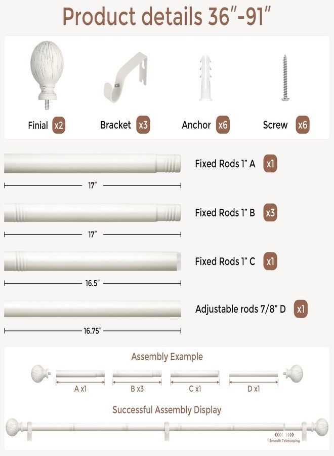 Wolistsa White Curtain Rods for Windows 48 to 84 Inch, Adjustable Decorative 1 Inch Boho Farmhouse Curtain Rod, Heavy Duty Vintage Rustic Drapery Pole with Antique White Lightning Texture Round Finial - Image 4