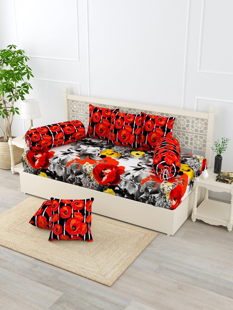 EVER HOME Diwan Set Covers Cotton 8 Pieces Pure Cotton Digital Printed Standard Diwan Set (1 Single Bedsheet, 2 Bolster Covers, 5 Cushion Covers) - Image 1