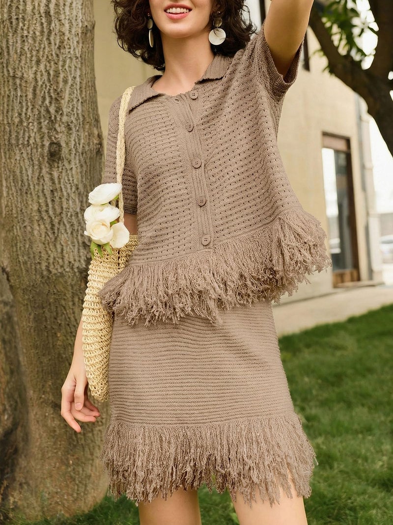 Fisoew Womens 2 Piece Crochet Outfits Short Sleeve Button Knit Sweater Tops Fringe Skirt Summer Vacation Sets Beach Cover Ups Khaki - Image 2