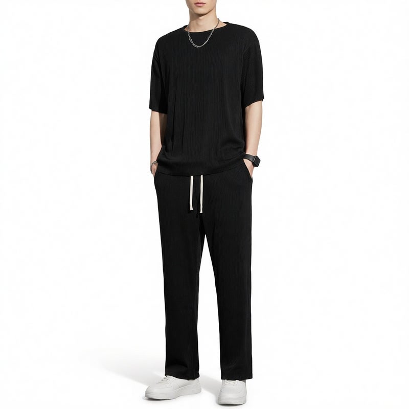 Men's Ice Silk Tracksuit Summer Thin Casual Long Pants Short Sleeve T-Shirt Quick-Dry Set - Image 1