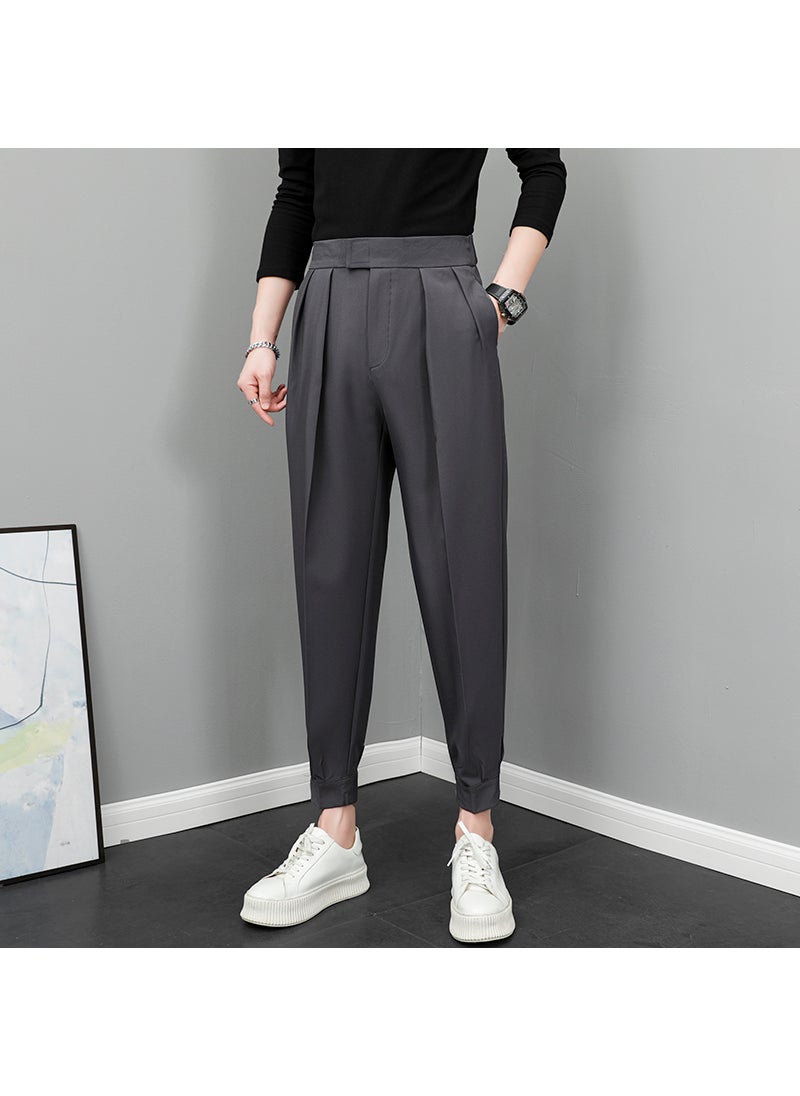 Generic - Summer Thin Ice Silk Cropped Pants Mens Magic Binding Footwear Casual Versatile Trendy Brand Harajuku Small Trousers For Men S4 dark gray (regular trousers) - Image 1