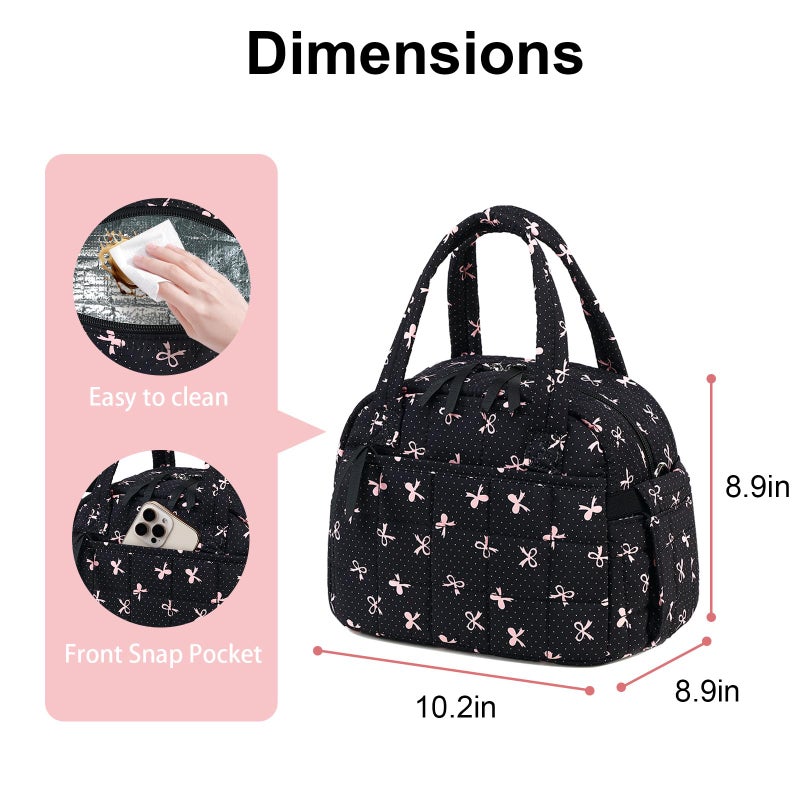 LEDAOU Lunch Box for Women Lunch bag Quilted Puffer Lunch Box Insulated Reusable LunchBox for Work School Picnic Travel (Pink Bow - Black) - Image 3