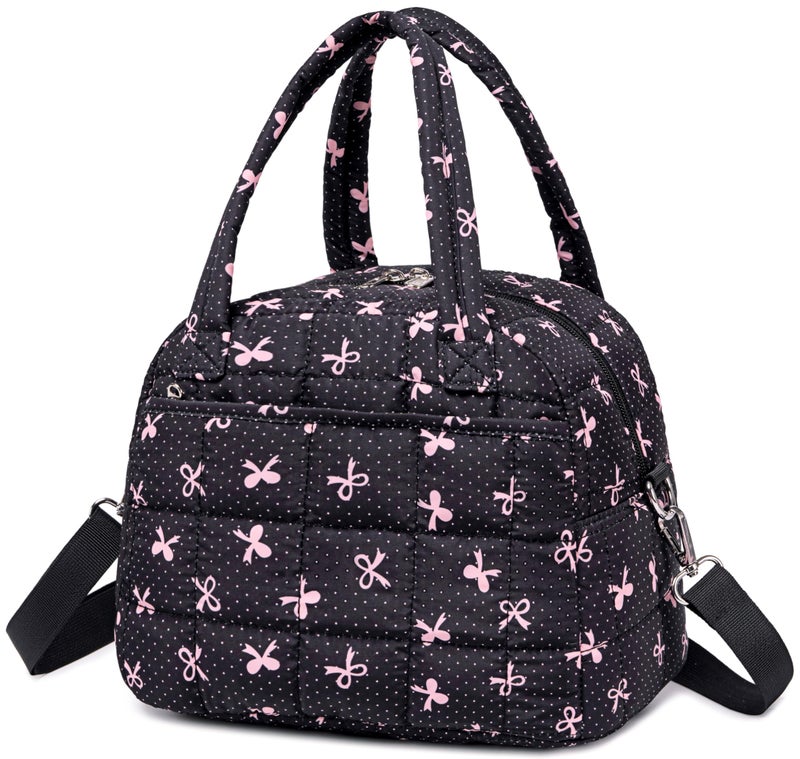 LEDAOU Lunch Box for Women Lunch bag Quilted Puffer Lunch Box Insulated Reusable LunchBox for Work School Picnic Travel (Pink Bow - Black) - Image 1
