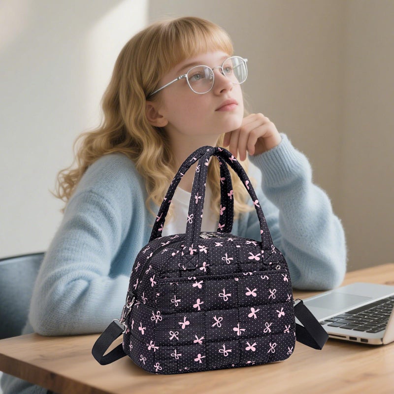 LEDAOU Lunch Box for Women Lunch bag Quilted Puffer Lunch Box Insulated Reusable LunchBox for Work School Picnic Travel (Pink Bow - Black) - Image 2