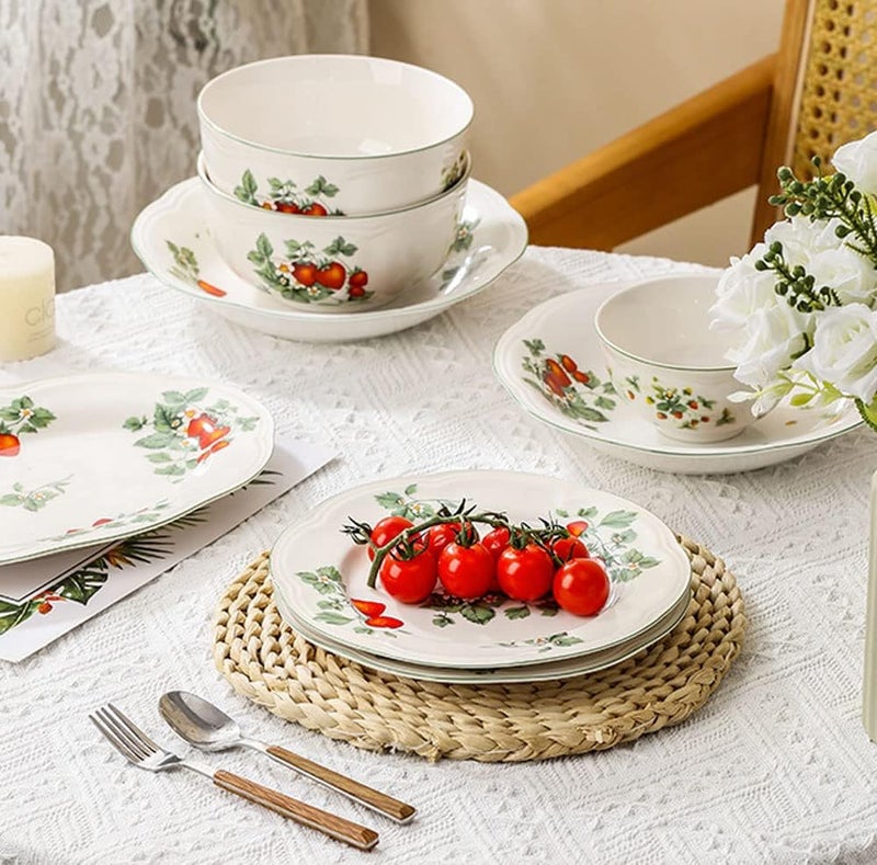 RockTrend Retro Strawberry Pattern Ceramic Dinnerware Set  Steak Salad Dessert Plates  Oval - Image 5