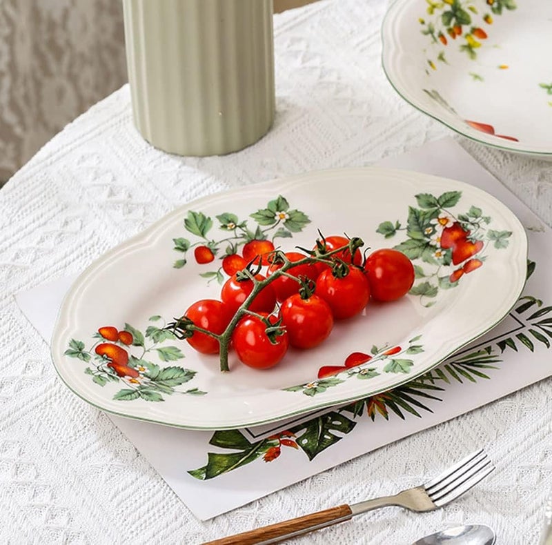 RockTrend Retro Strawberry Pattern Ceramic Dinnerware Set  Steak Salad Dessert Plates  Oval - Image 3