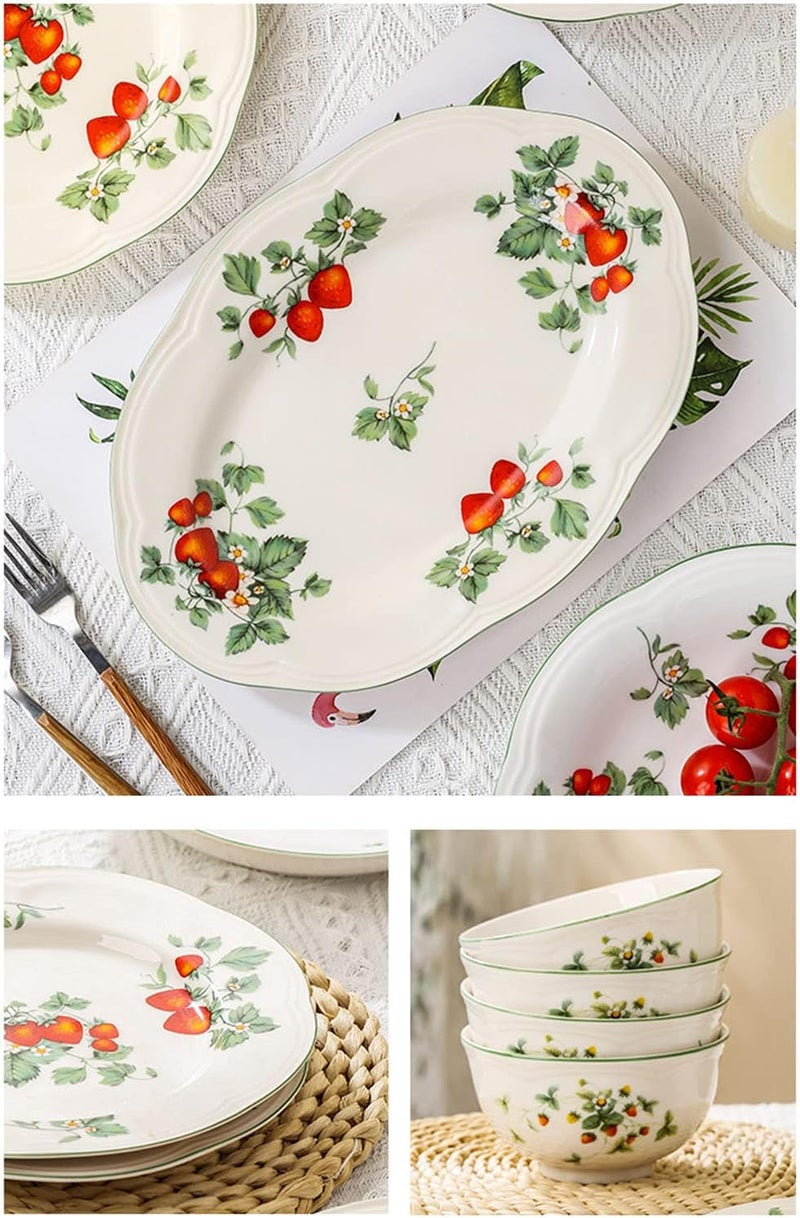 RockTrend Retro Strawberry Pattern Ceramic Dinnerware Set  Steak Salad Dessert Plates  Oval - Image 4