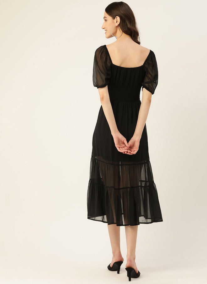 Rue Collection فستان ميدي أسود بأكمام منتفخة مناسب وواسع للنساء - Image 4