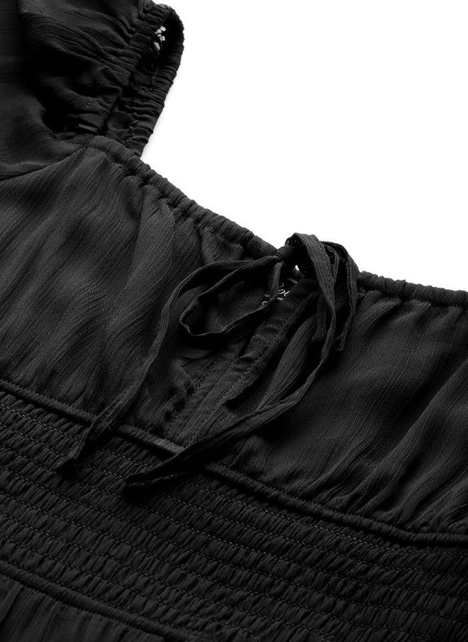 Rue Collection فستان ميدي أسود بأكمام منتفخة مناسب وواسع للنساء - Image 2