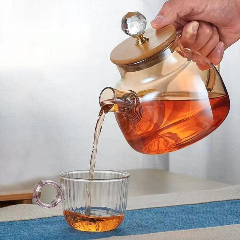 bellemax 1000ML Glass Kettle Teapot with Removable Infuser & Wooden Lid & Handle, Glass Tea Kettle Stovetop Safe, Great for Loose Leaf Tea, Blooming Tea, Tea Bags & Fruit Infused Water 1 Litre (BW-06) - Image 1
