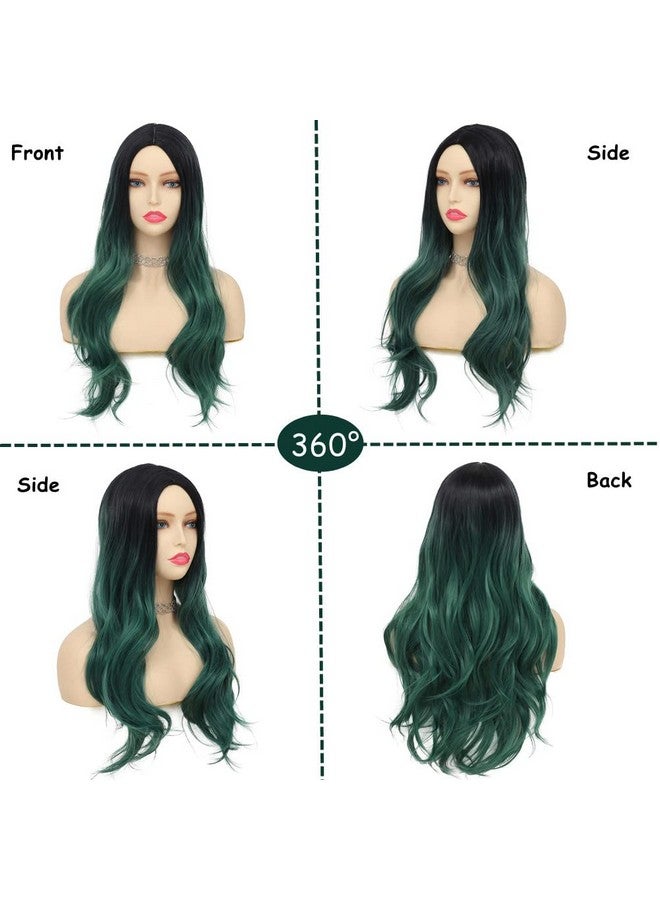Tseses باروكة خضراء طويلة مموجة ومجعدة للنساء أومبري داكن أخضر باروكات شعر صناعية بجذور داكنة باروكة نسائية لملابس التنكر حفلة الهالوين استخدام يومي (أومبري أخضر) - Image 3