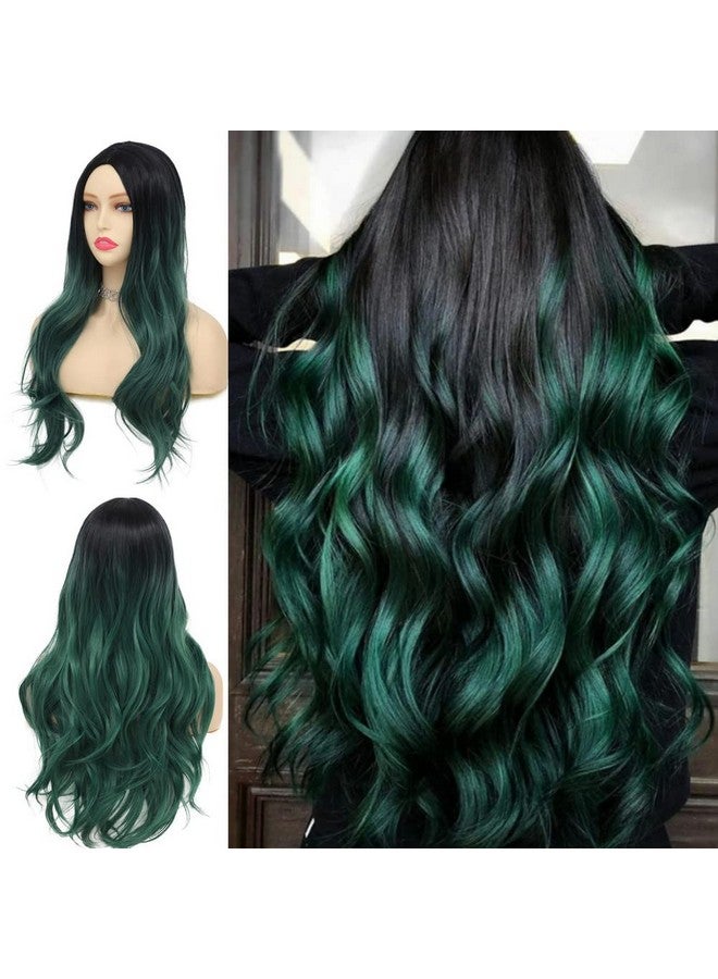 Tseses باروكة خضراء طويلة مموجة ومجعدة للنساء أومبري داكن أخضر باروكات شعر صناعية بجذور داكنة باروكة نسائية لملابس التنكر حفلة الهالوين استخدام يومي (أومبري أخضر) - Image 2