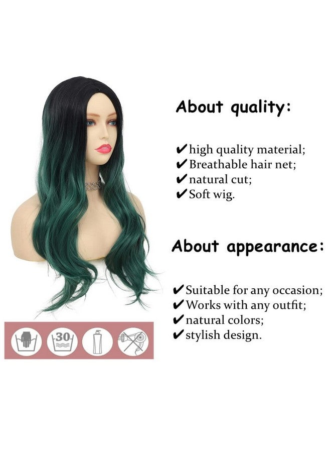 Tseses باروكة خضراء طويلة مموجة ومجعدة للنساء أومبري داكن أخضر باروكات شعر صناعية بجذور داكنة باروكة نسائية لملابس التنكر حفلة الهالوين استخدام يومي (أومبري أخضر) - Image 4