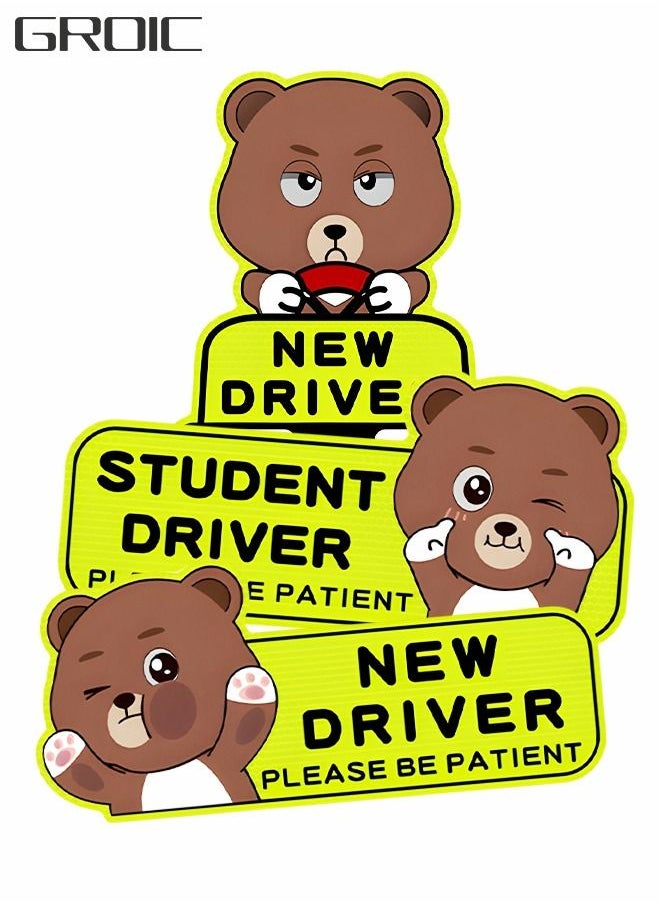 GROIC - 3 Pcs Reflective New Driver Stickers for Car, Student Driver Car Magnet, New Driver Stickers Signs Please Be Patient Safety Signs Cute Bear Style - Image 1