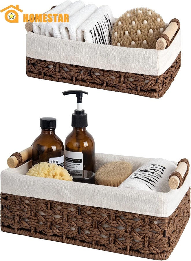 Set of 2 Small Wicker Baskets for Shelves, for Organizing with Natural Fiber Liner, Toilet Storage, Toilet Tank Top, Brown - Image 1