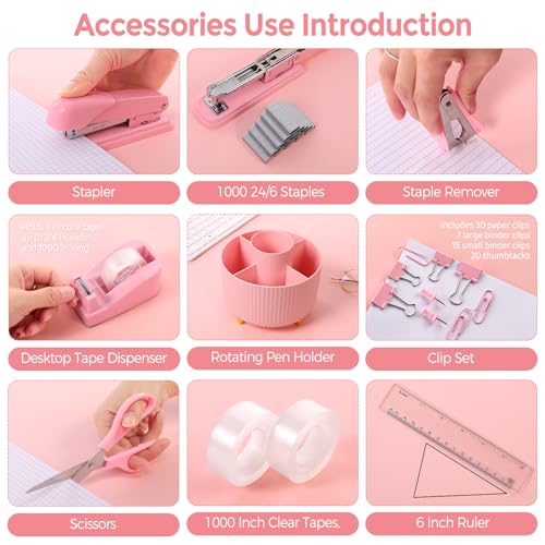 SKYDUE Pink Desk Accessories 10Pcs, Rotating Pen Holder for Desk, Stapler, Staple Remover, Tape Dispenser,2pcs Tape Refills, Binder Paper Clips Kit, Scissor,Pink Office School Supplies - Image 3