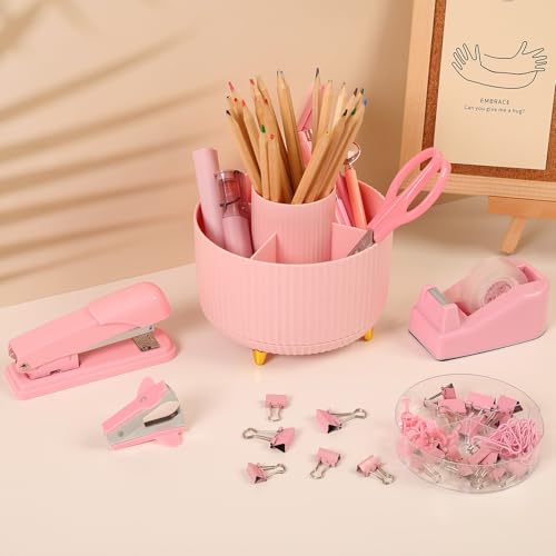 SKYDUE Pink Desk Accessories 10Pcs, Rotating Pen Holder for Desk, Stapler, Staple Remover, Tape Dispenser,2pcs Tape Refills, Binder Paper Clips Kit, Scissor,Pink Office School Supplies - Image 2
