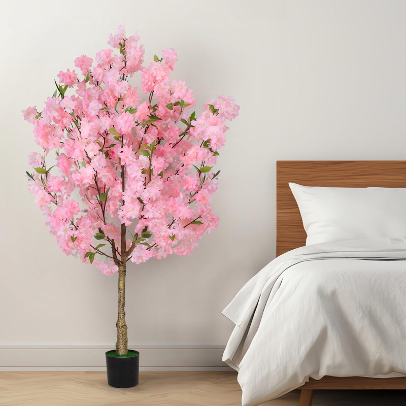 OUSHENG Artificial Cherry Blossom Tree, Fake Plants Indoor Decor, Faux Pink Sakura Flowers for Living Room Home House Entryway Bedroom Office Inside Decorations, 4FT - Image 4