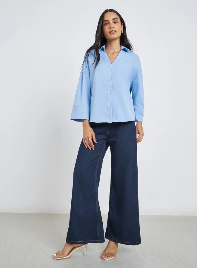 Styli Styli Solid Flared Sleeve Buttoned Short