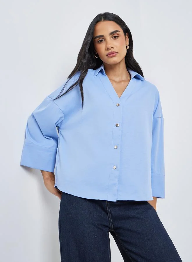 Styli Styli Solid Flared Sleeve Buttoned Short