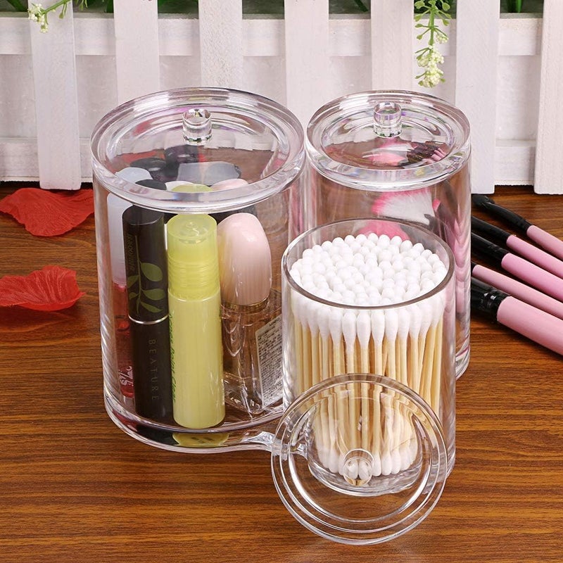 High Quality Clear Acrylic Cotton Swab Holder, Round Makeup Brush Organizer Box, Clear Apothecary Jar