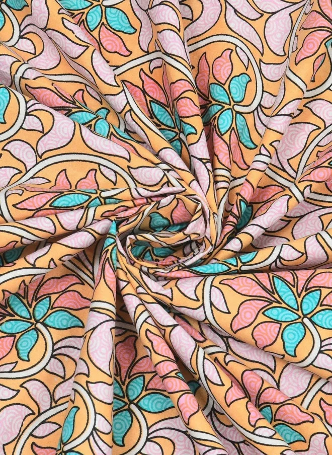 CLOTHOLOGY CLOTHOLOGY Orange & Blue Printed 180TC Pure Cotton King Bedsheet Set