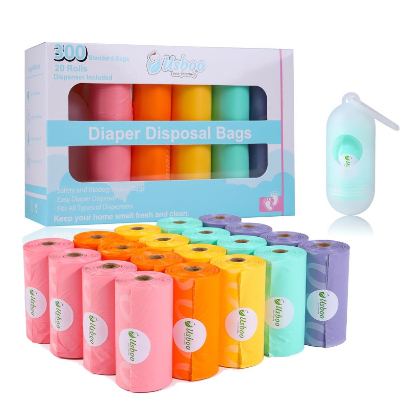 USBOO Diaper Bags Disposable for Baby, 20 Refill Rolls/300 Bags Waste Bags with Dispenser, Convenient and Quick Diaper Disposal, Rainbow - Image 1