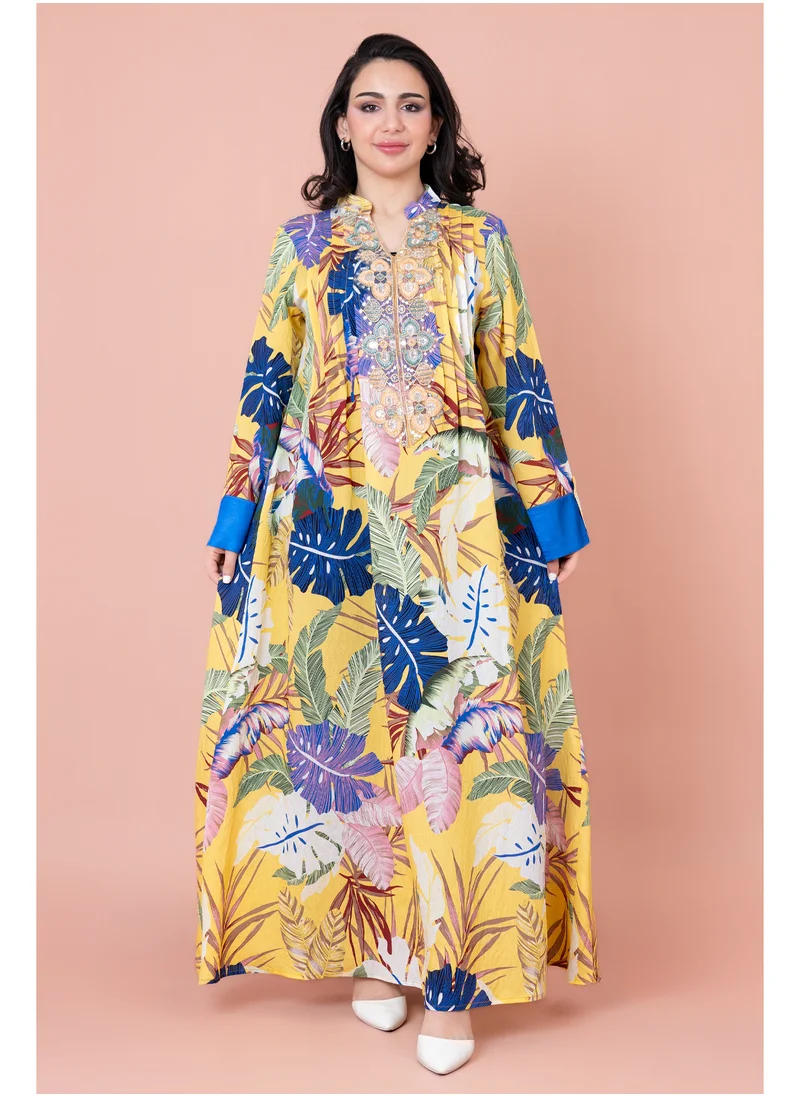 IKKXA Embroidered Leaf Blossom Jalabiya