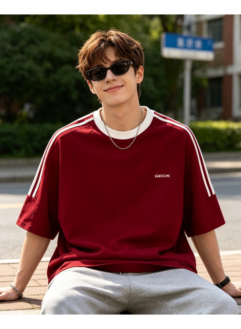 GEOX Unisex Short Sleeve Crew Neck Striped Casual T‑Shirt For Daily Wear Burgundy - Image 5