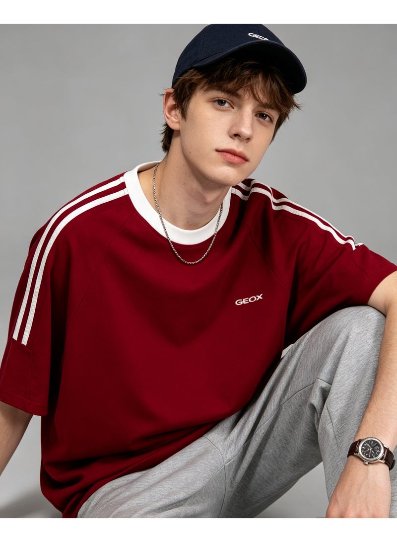 GEOX Unisex Short Sleeve Crew Neck Striped Casual T‑Shirt For Daily Wear Burgundy - Image 2