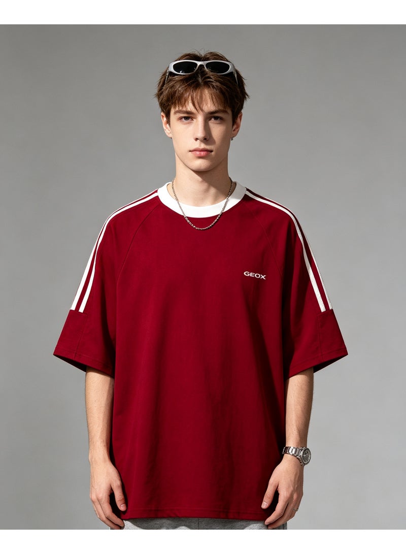 GEOX Unisex Short Sleeve Crew Neck Striped Casual T‑Shirt For Daily Wear Burgundy - Image 1