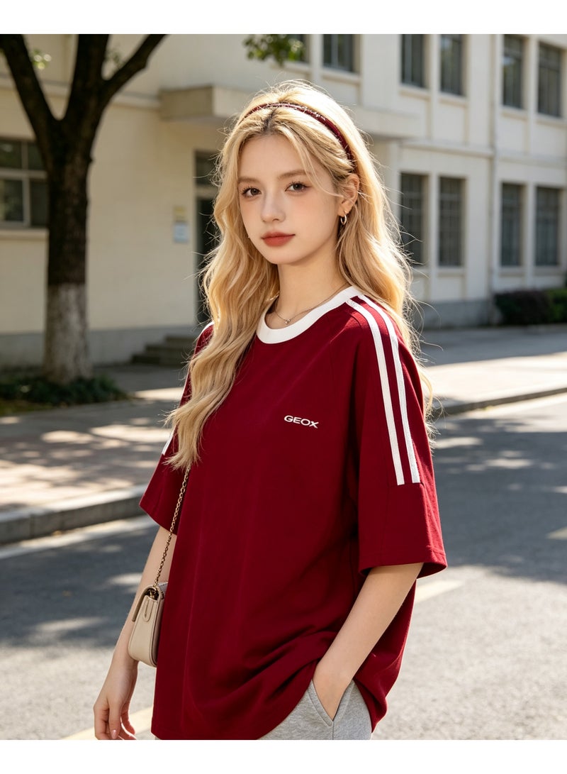 GEOX Unisex Short Sleeve Crew Neck Striped Casual T‑Shirt For Daily Wear Burgundy - Image 3