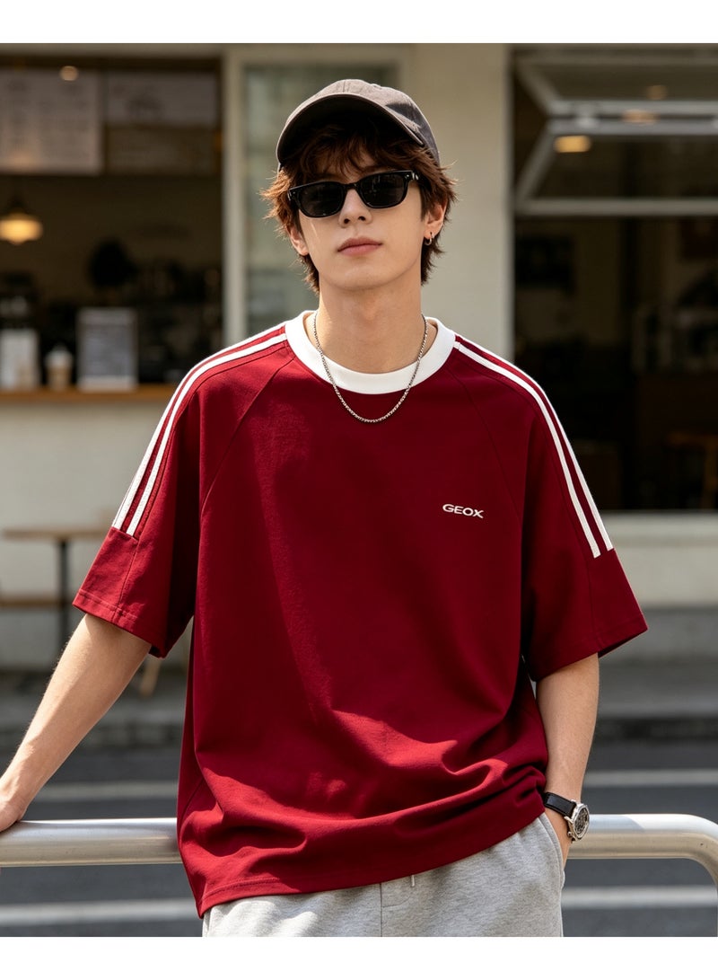 GEOX Unisex Short Sleeve Crew Neck Striped Casual T‑Shirt For Daily Wear Burgundy - Image 4