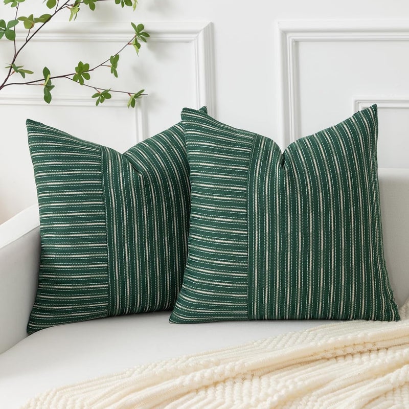 K KEVIN TEXTILE Kevin Textile Moss Green and Beige Patchwork Farmhouse Throw Pillow Covers 16 x 16 Inch  Pack of 2 Striped Linen Decorative Pillow Case for Sofa Couch Chair Bedroom Modern Decor  - Image 1
