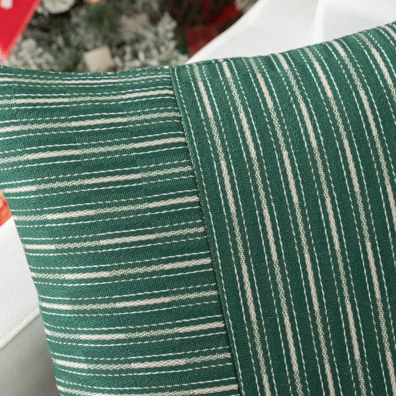 K KEVIN TEXTILE Kevin Textile Moss Green and Beige Patchwork Farmhouse Throw Pillow Covers 16 x 16 Inch  Pack of 2 Striped Linen Decorative Pillow Case for Sofa Couch Chair Bedroom Modern Decor  - Image 3