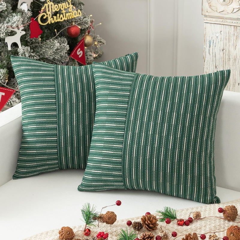 K KEVIN TEXTILE Kevin Textile Moss Green and Beige Patchwork Farmhouse Throw Pillow Covers 16 x 16 Inch  Pack of 2 Striped Linen Decorative Pillow Case for Sofa Couch Chair Bedroom Modern Decor  - Image 5