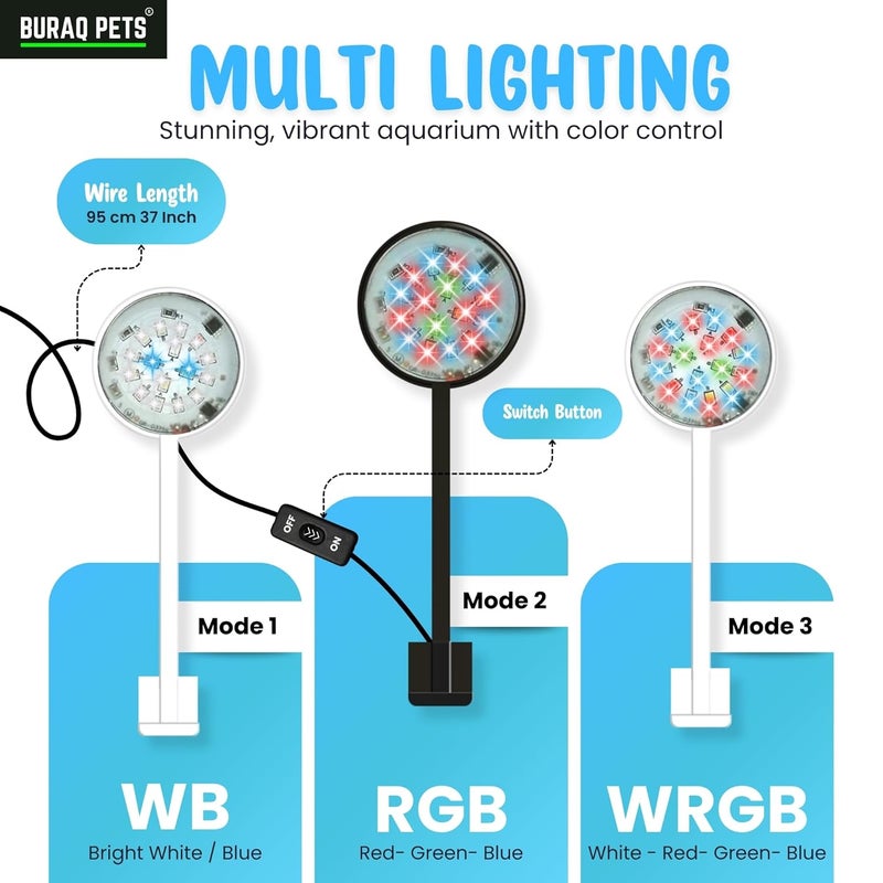 BURAQ ضوء LED متعدد الألوان N6 2.5 واط | طيف WRGB | 3 أوضاع إضاءة | ذراع مرن 360° | مصباح مثبت على حوض للأسماك النانوية والأوعية - Image 2
