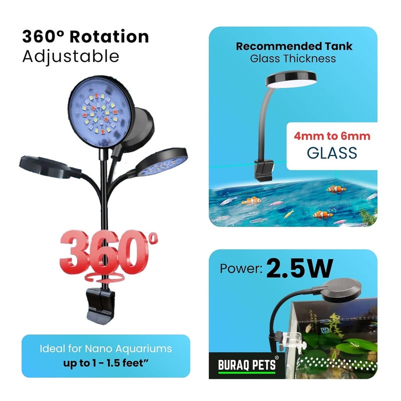 BURAQ ضوء LED متعدد الألوان N6 2.5 واط | طيف WRGB | 3 أوضاع إضاءة | ذراع مرن 360° | مصباح مثبت على حوض للأسماك النانوية والأوعية - Image 3