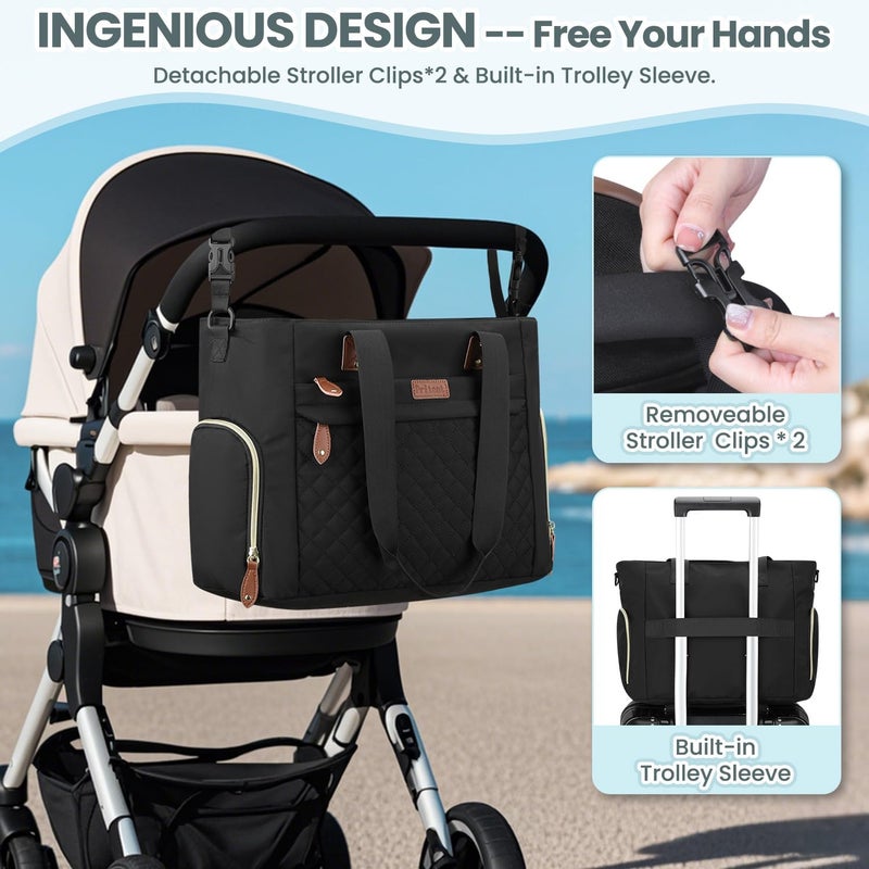 Pritent Diaper Bag Tote for Working Mom, Large Travel Diaper Tote for Mom and Dad with 14 Inch Laptop Sleeve, Mommy Maternity Travel Baby Bag for Boys and Girls, Black - Image 5