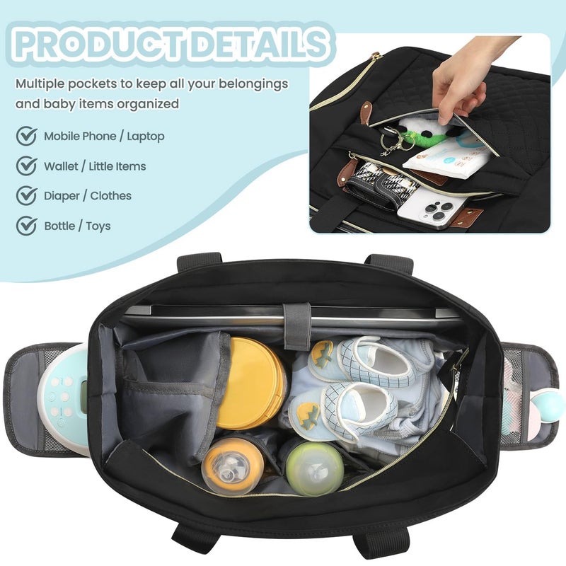 Pritent Diaper Bag Tote for Working Mom, Large Travel Diaper Tote for Mom and Dad with 14 Inch Laptop Sleeve, Mommy Maternity Travel Baby Bag for Boys and Girls, Black - Image 4
