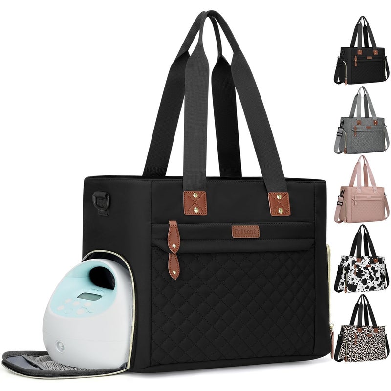 Pritent Diaper Bag Tote for Working Mom, Large Travel Diaper Tote for Mom and Dad with 14 Inch Laptop Sleeve, Mommy Maternity Travel Baby Bag for Boys and Girls, Black - Image 1
