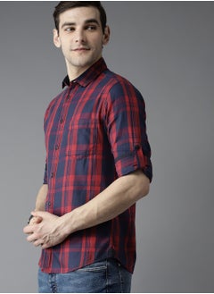 Dennis Lingo Men's Slim Fit Red and Blue Casual Cotton Spread Shirt  - Image 2