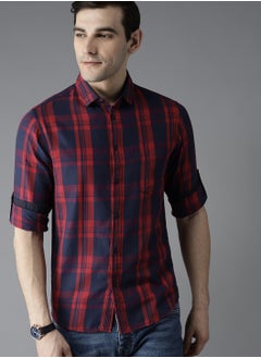 Dennis Lingo Men's Slim Fit Red and Blue Casual Cotton Spread Shirt  - Image 1
