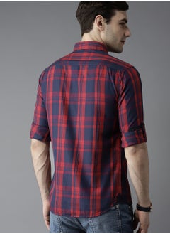 Dennis Lingo Men's Slim Fit Red and Blue Casual Cotton Spread Shirt  - Image 3