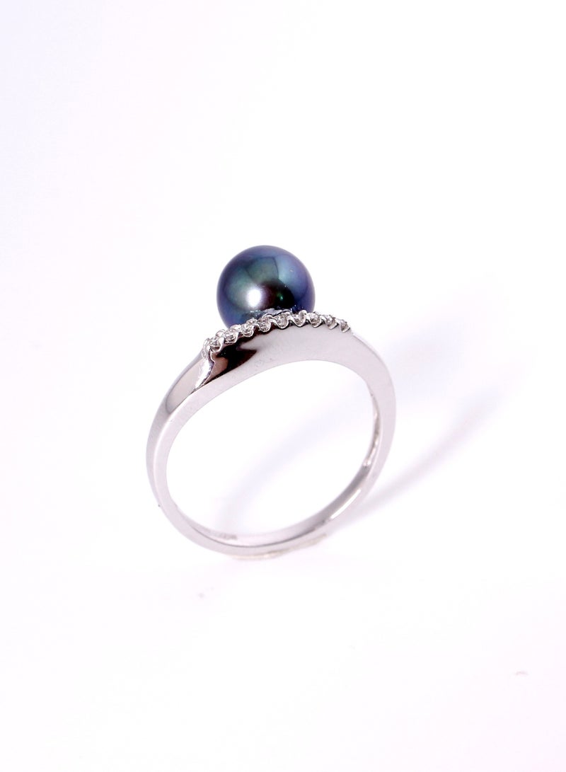 MIKURA Ring, Freshwater Pearls, A Quality, Treated Black Color, 8.0-7.5MM, 18KW, G/H Color, VS Clarity  - Image 2