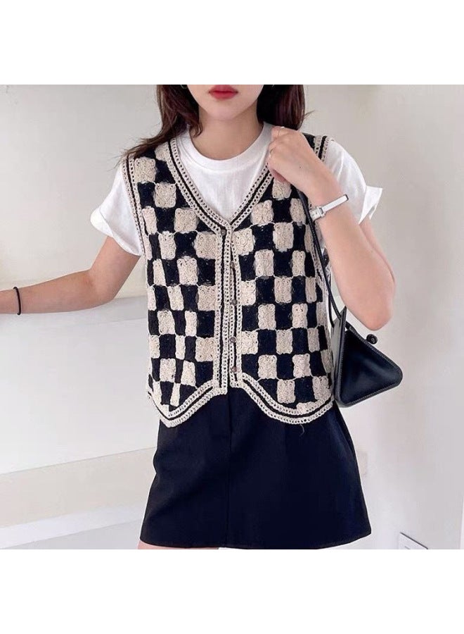 Vintage Crochet Hollow Outerwear Knitted Cardigan For Women New Loose Versatile V-neck Short Top For Summer